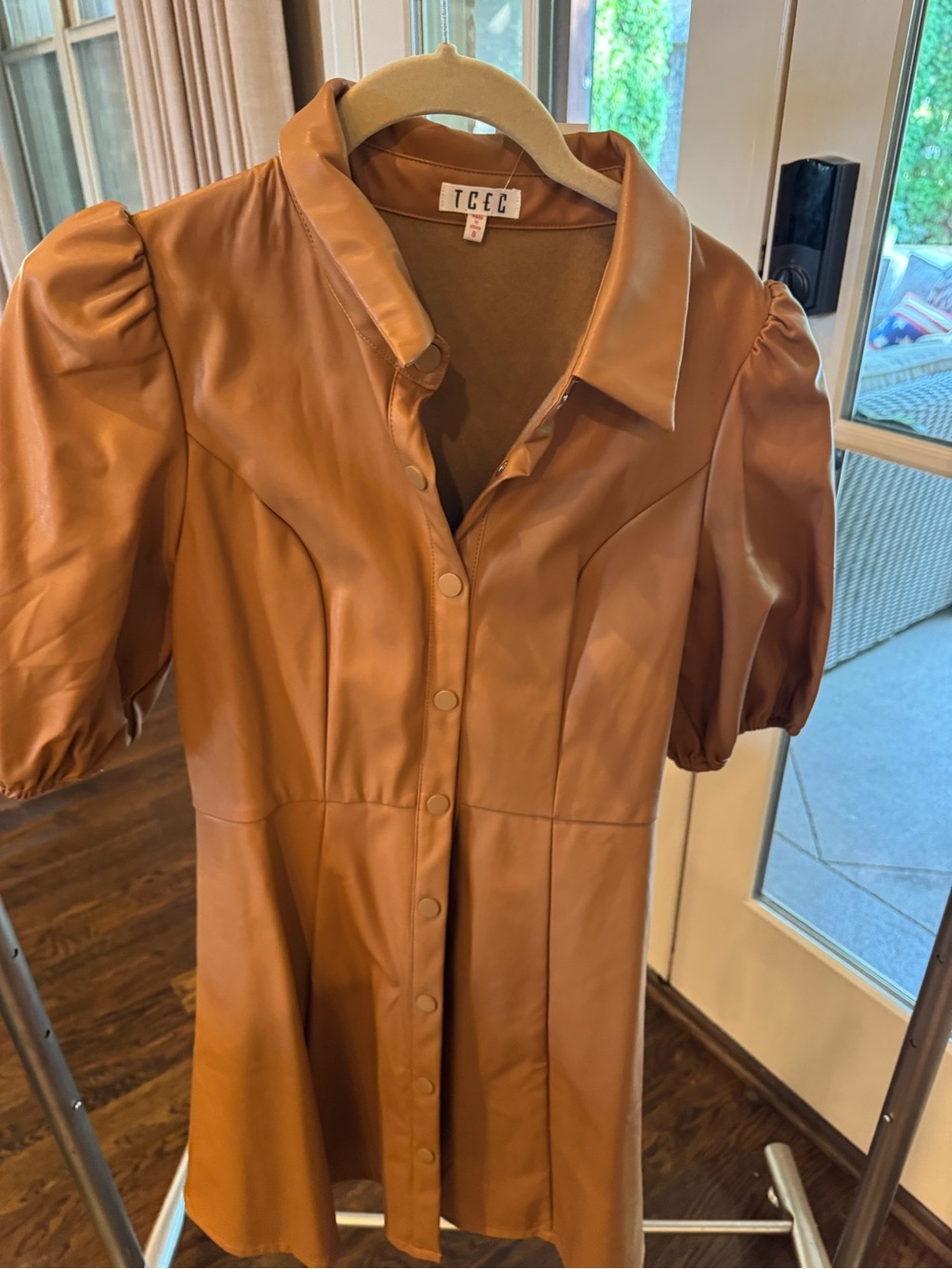 TCEC Tan Faux Leather Puff-Sleeve Mini Dress